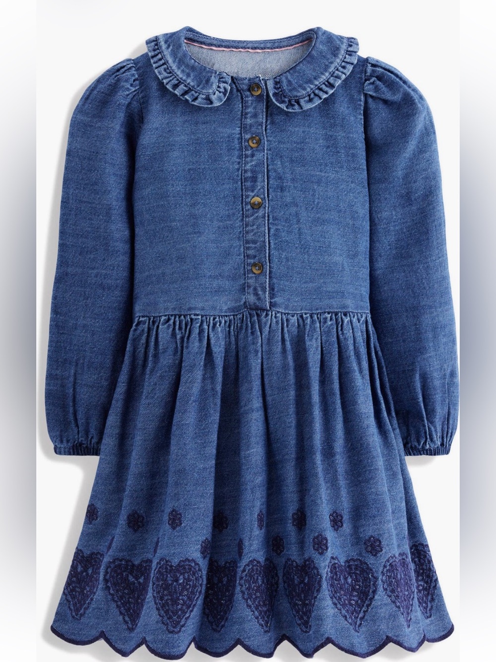 MINI BODEN EMBROIDERED LONG SLEEVE DENIM DRESS